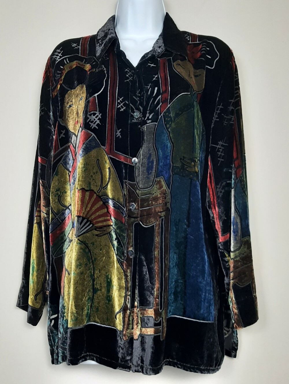 Chico's Velvet Silk Blend Japanese Geisha Long Sleeve Top Large